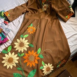 Hand Embroidered Brown Dress with Sunflowers | L/XL